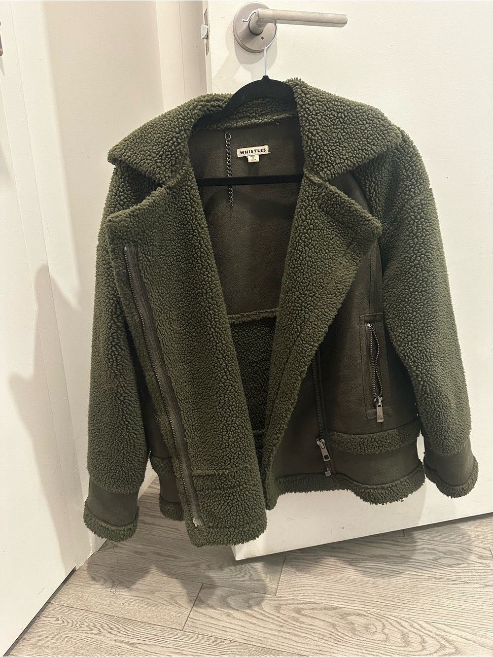 Whistles Olive Teddy Aviator Biker Jacket